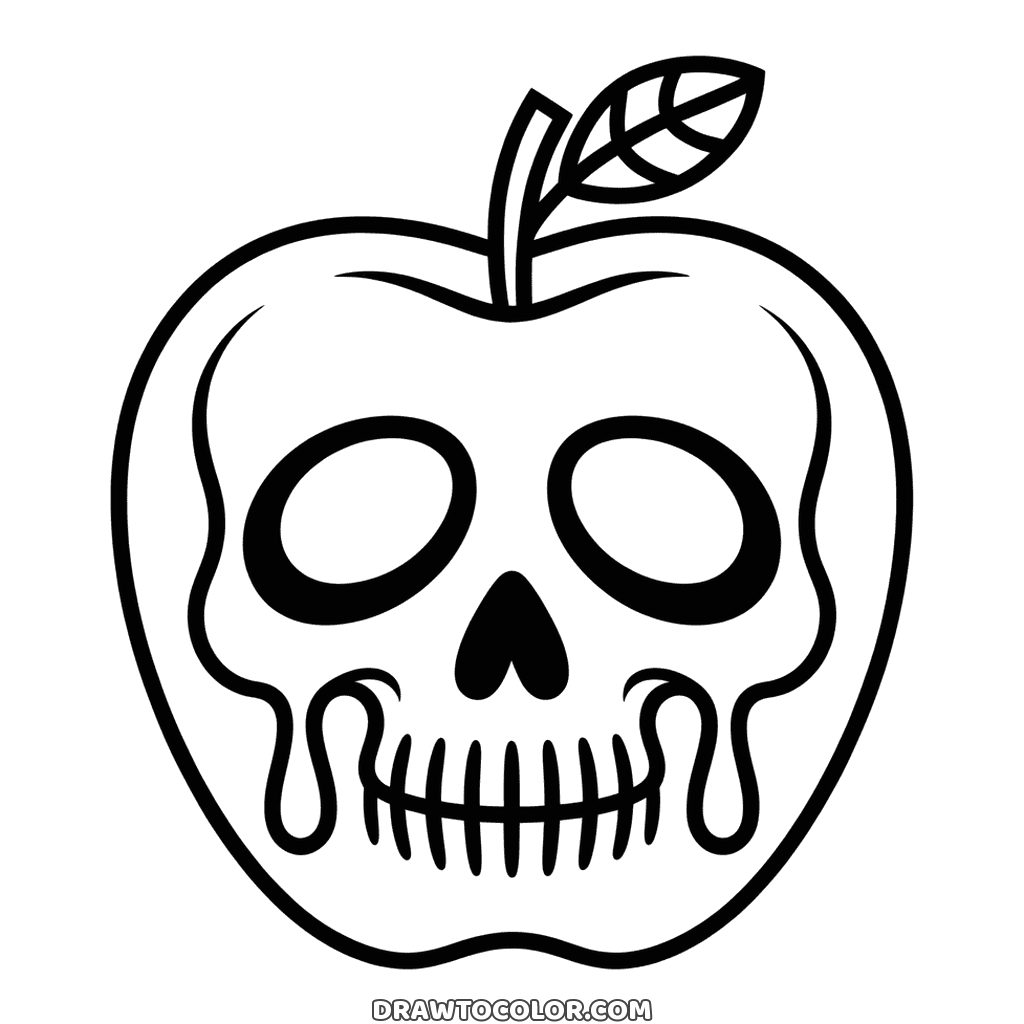 Poison apple with a grinning skull face and a leaf on its stem, a spooky Snow White coloring sheet