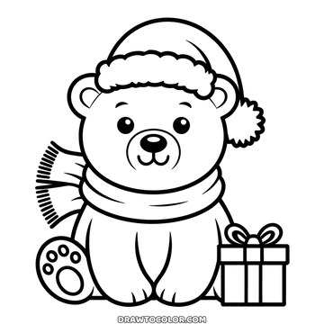 Osito polar sentado con gorro de Santa, bufanda de flecos y almohadillas a la vista, dibujo navideño fácil