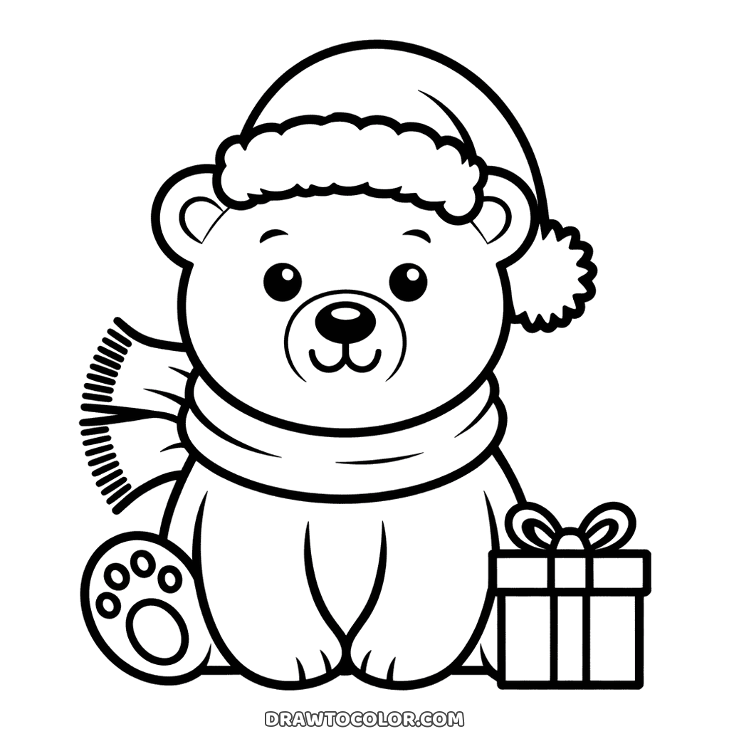 Para imprimir e colorir: ursinho polar de Natal sentado de gorro e cachecol, com um presente