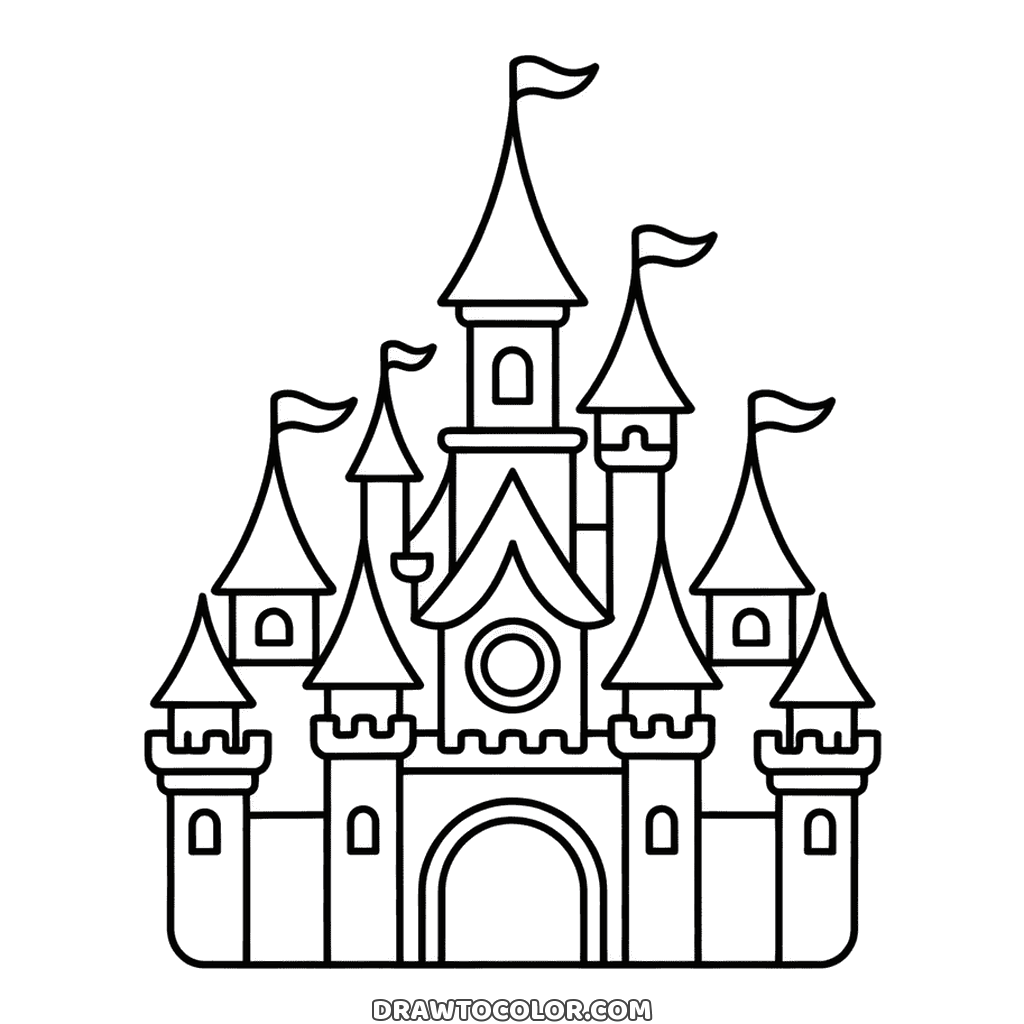 Princess castle with pointed towers, flags on each spire and a round window over the gate, printable