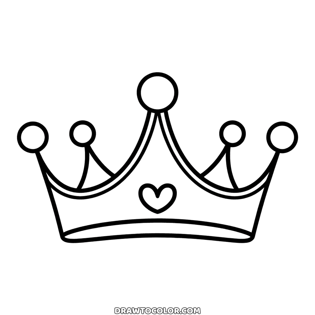 Princess crown with five round tips and a little heart in the middle, an easy drawing to cut out and wear
