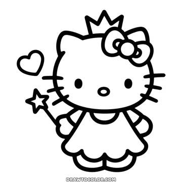 Hello Kitty dressed as a princess with a crown, a long dress and a star wand, cute to color