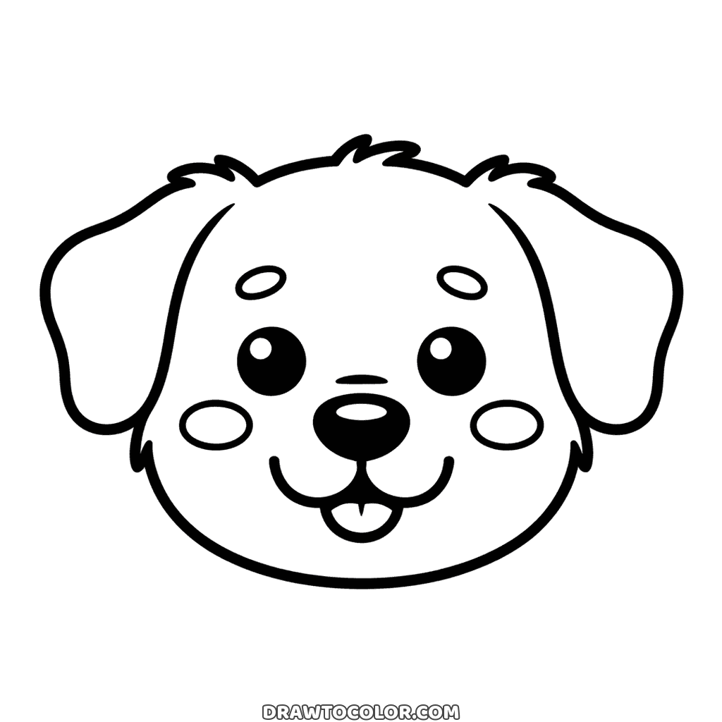 Dibujo fácil de una cara de perrito con mejillas redondas, un mechón de pelo y la lengua asomando