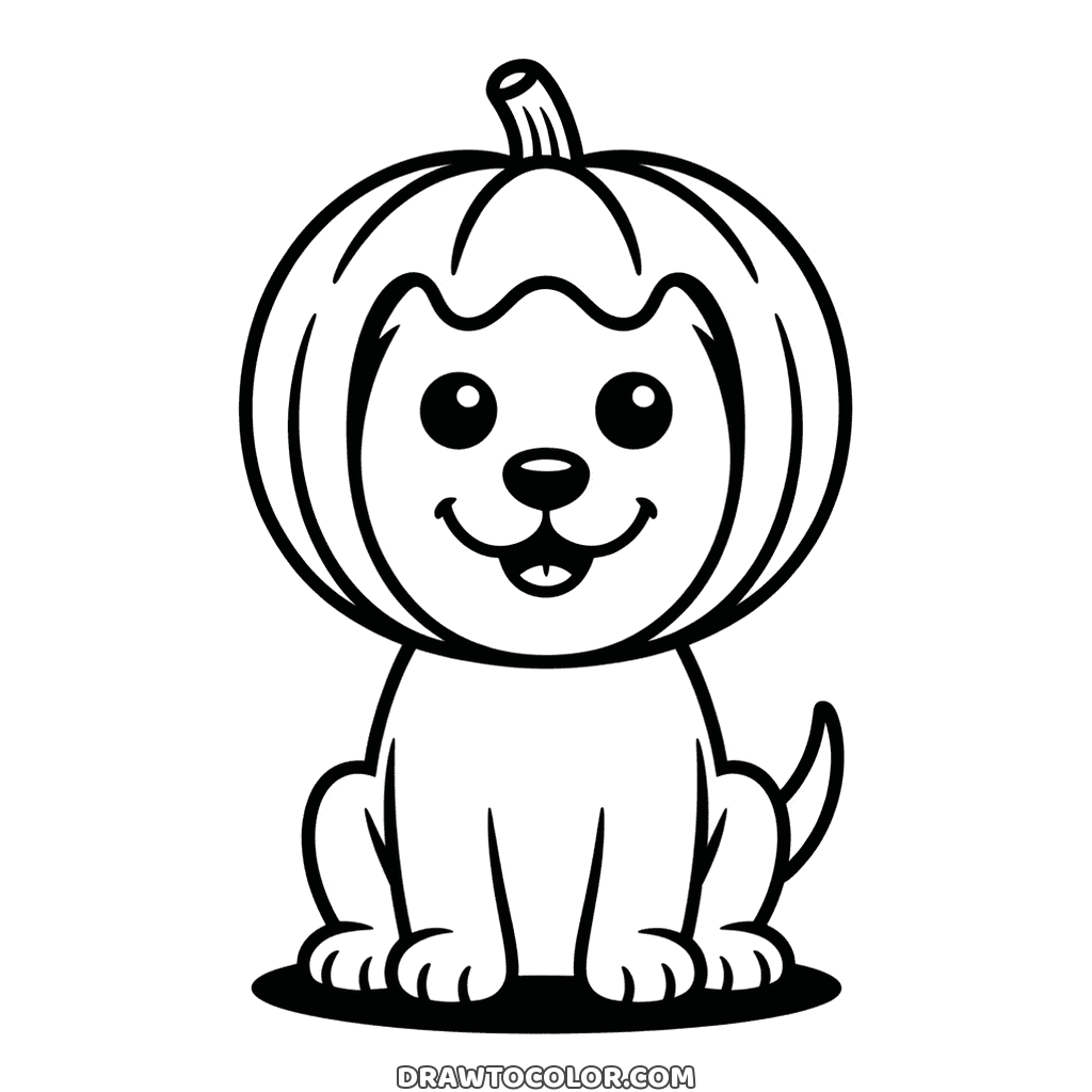 Perrito de Halloween disfrazado de calabaza, solo con la carita sonriente a la vista, dibujos para colorear