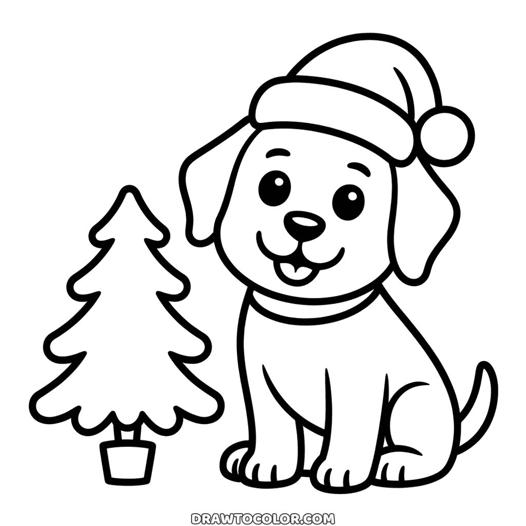 Perrito navideño con gorro de Santa y collar, sentado junto a un pino en maceta, dibujo para imprimir