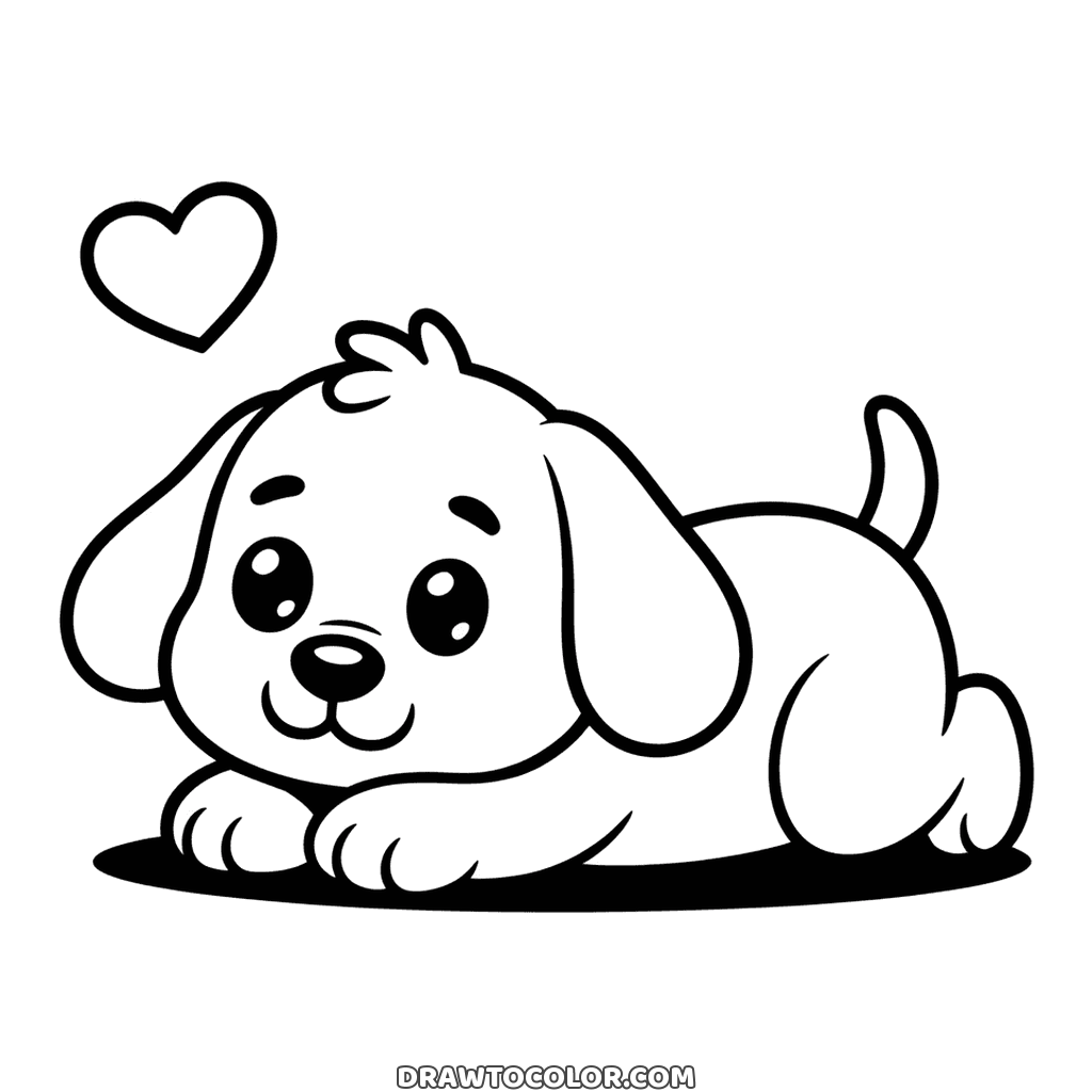 Tierno perrito echado boca abajo con la cabeza sobre las patas y un corazón arriba, para colorear