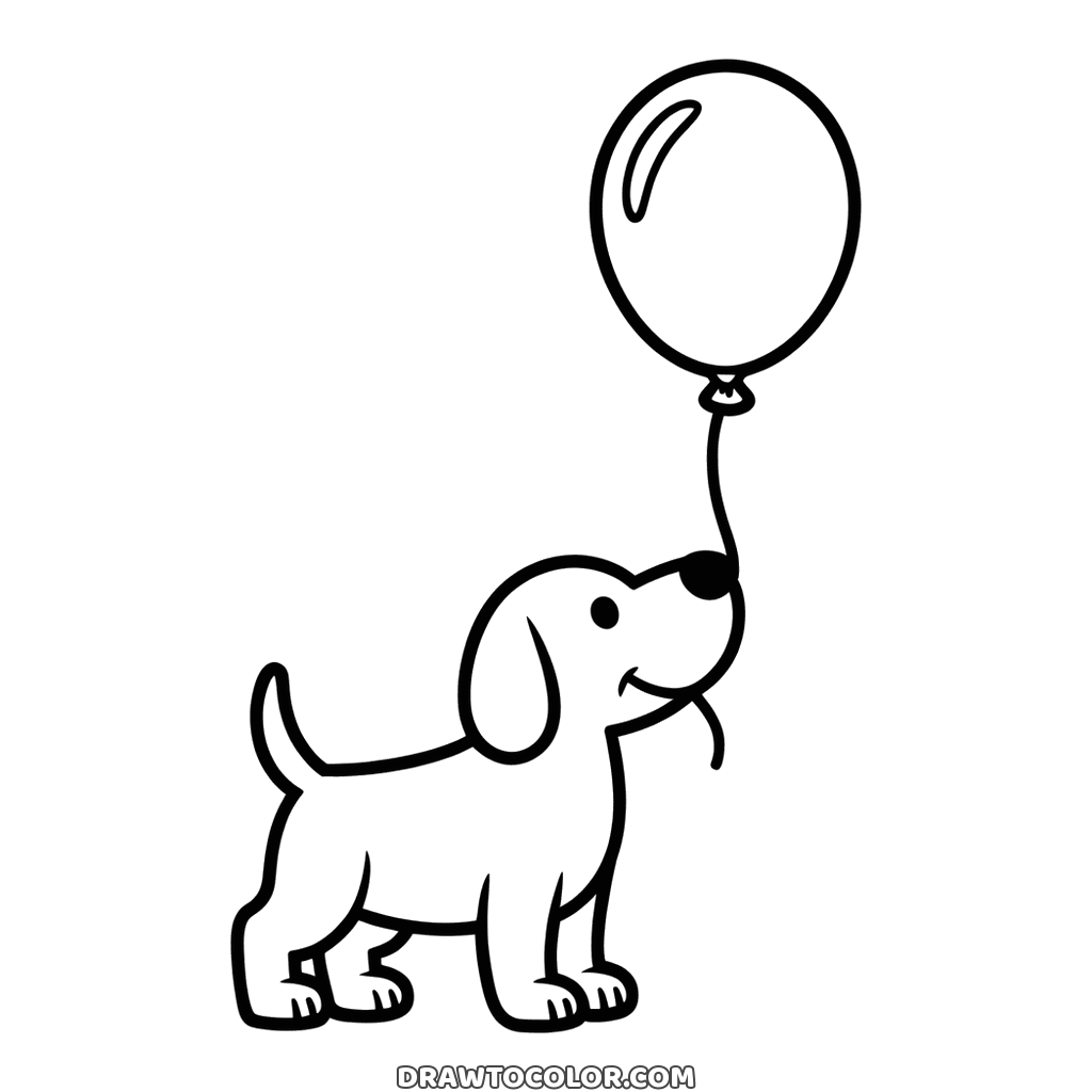 Dibujos para colorear de cumpleaños: un perrito sujeta con la boca el hilo de un globo