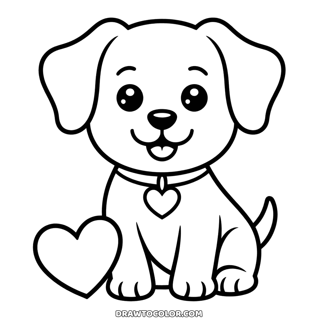 Perrito con collar y placa de corazón junto a un corazón grande, dibujo para colorear y regalar