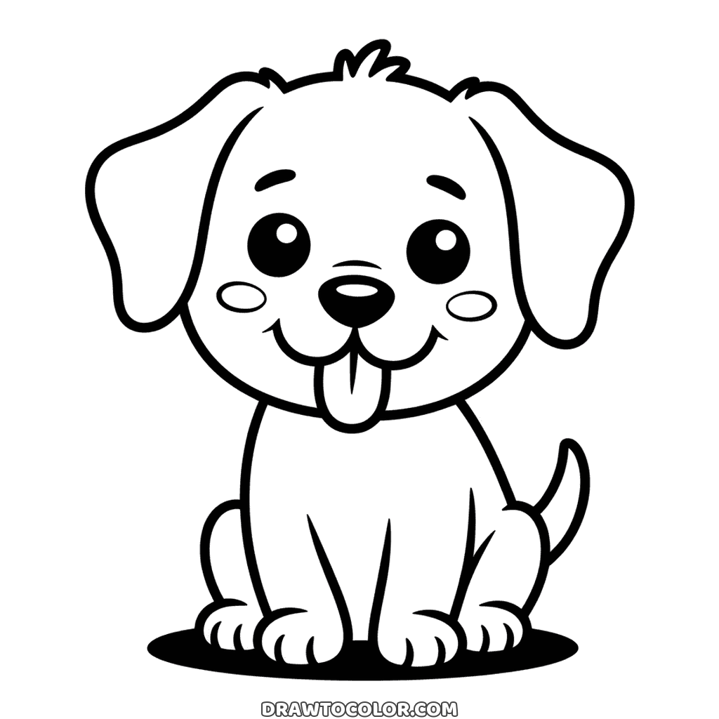 Cachorro sentado sacando la lengua, con un mechón de pelo y mejillas marcadas, para colorear en preescolar