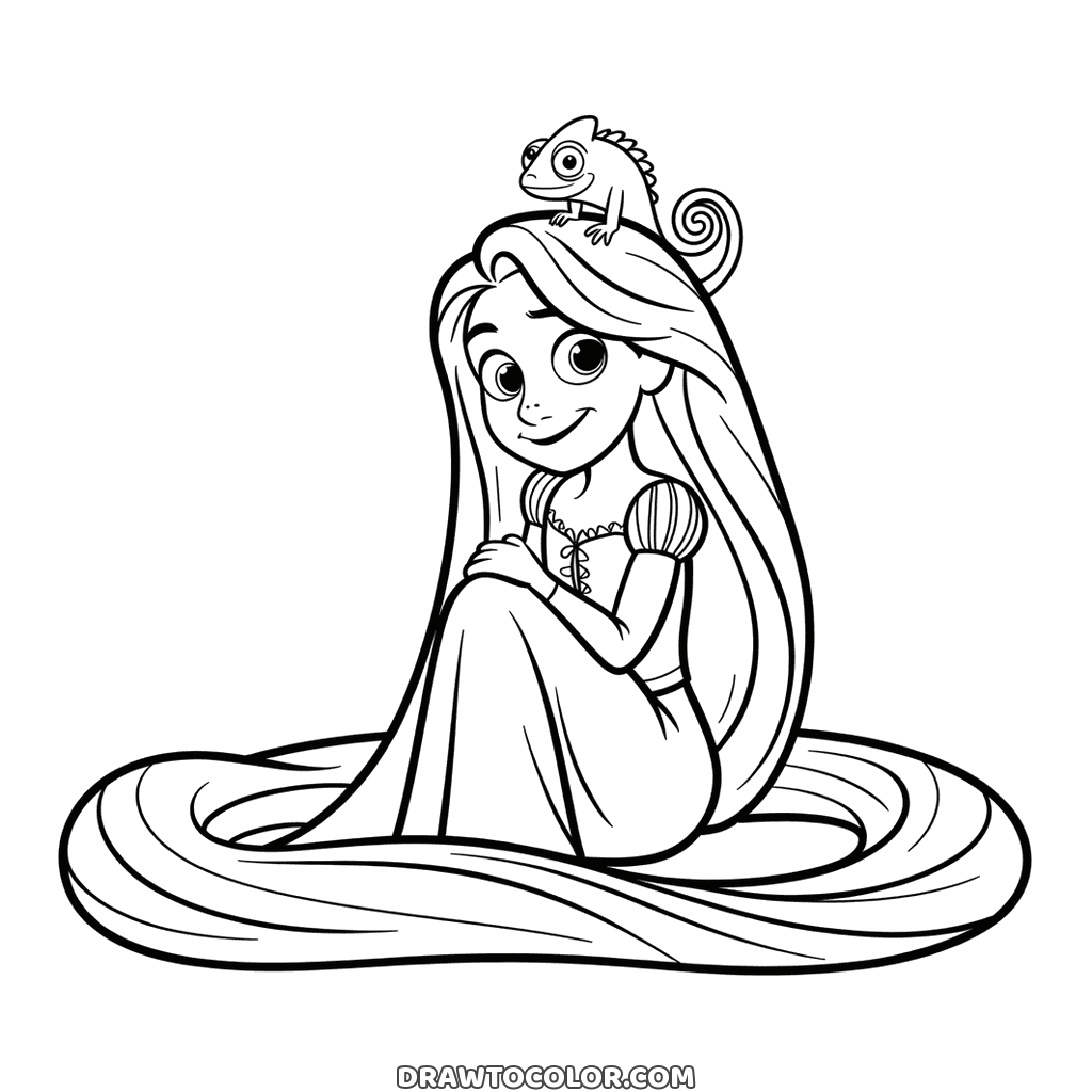 Rapunzel and Pascal, a coloring sheet with the chameleon on her head as she sits on a coil of hair