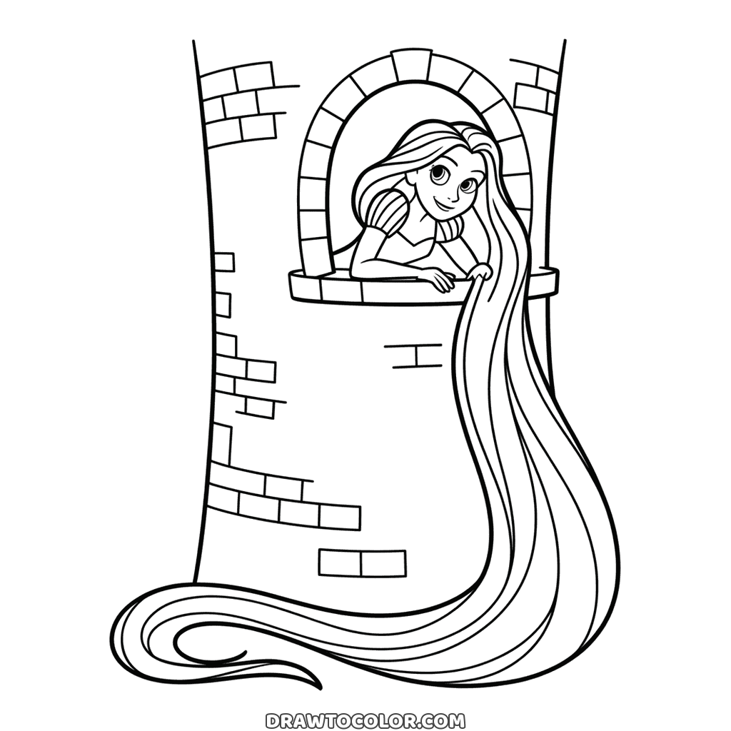Tangled coloring page of Rapunzel leaning from her tower window as her long hair tumbles down the bricks