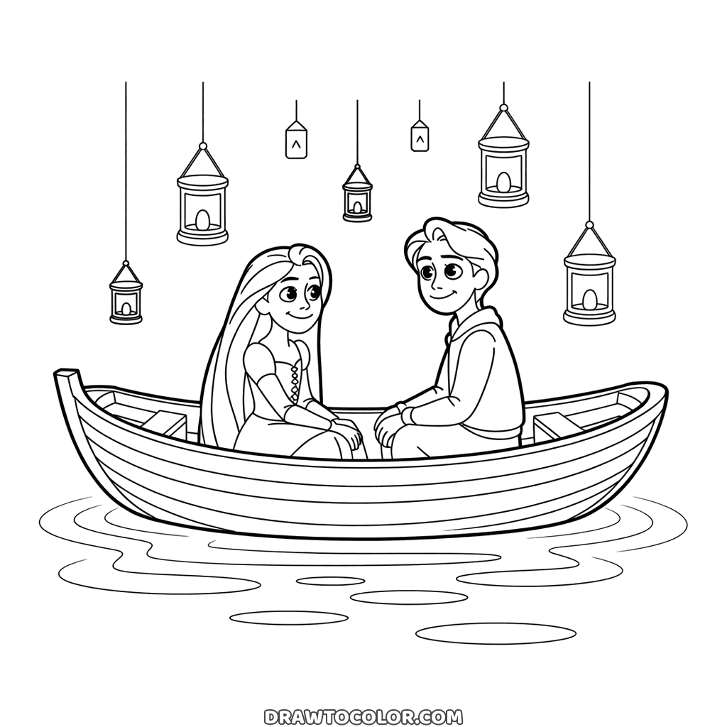 Printable coloring page of Rapunzel and Flynn in a rowboat on the water, lanterns hanging above them
