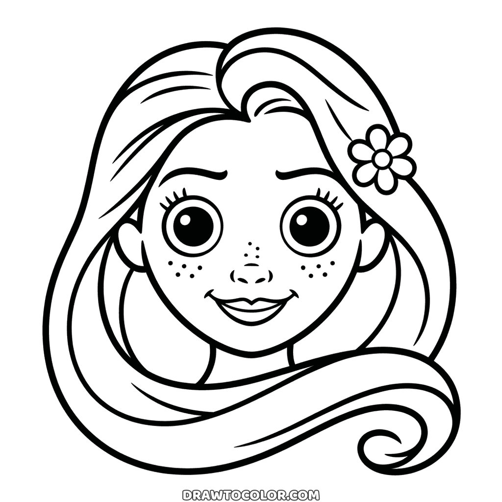 Freckled Rapunzel face, a drawing to color with a flower in her hair and a long lock curling below