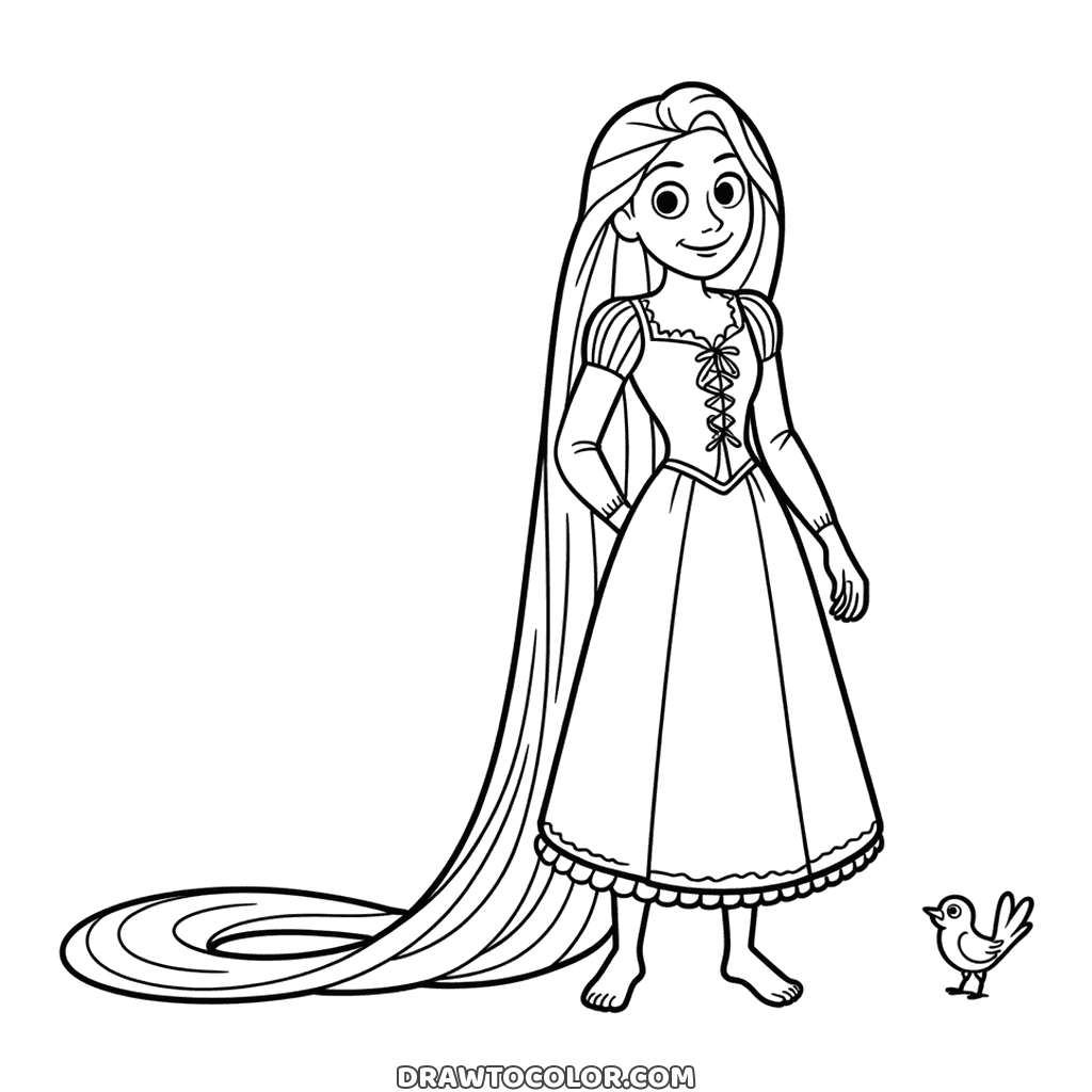 Barefoot Rapunzel from Tangled, a printable with her hair trailing on the floor and a tiny bird by her toes