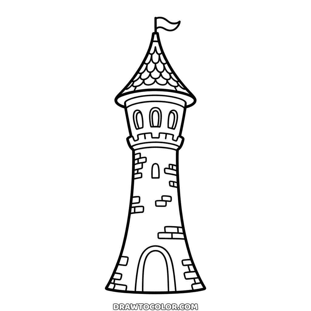 Tall fairy tale tower with brick patches, arched windows and a scalloped roof under a flag, to color
