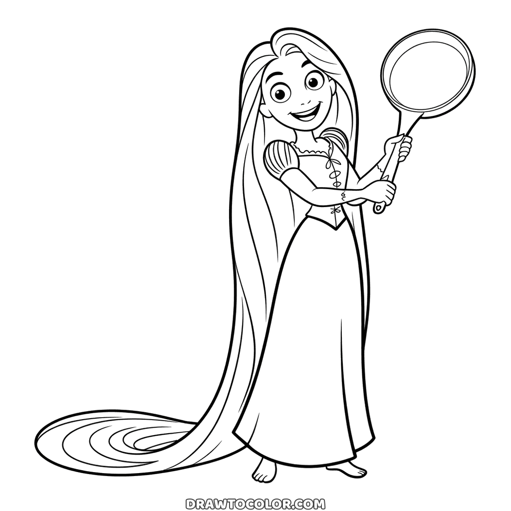 Rapunzel grinning with a frying pan held up in both hands, hair swirling at her feet, a coloring sheet