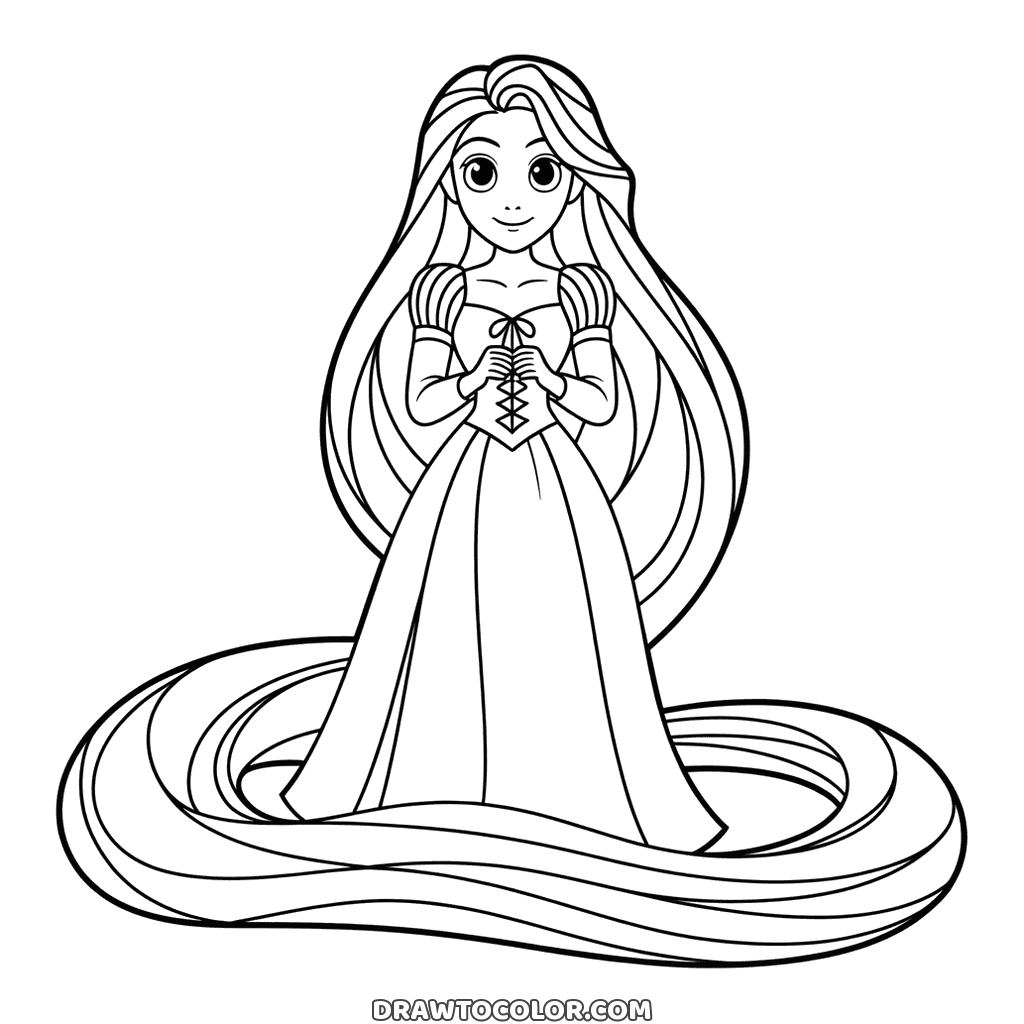 Rapunzel with her hands clasped and her endless hair looping around her feet, a Tangled coloring page