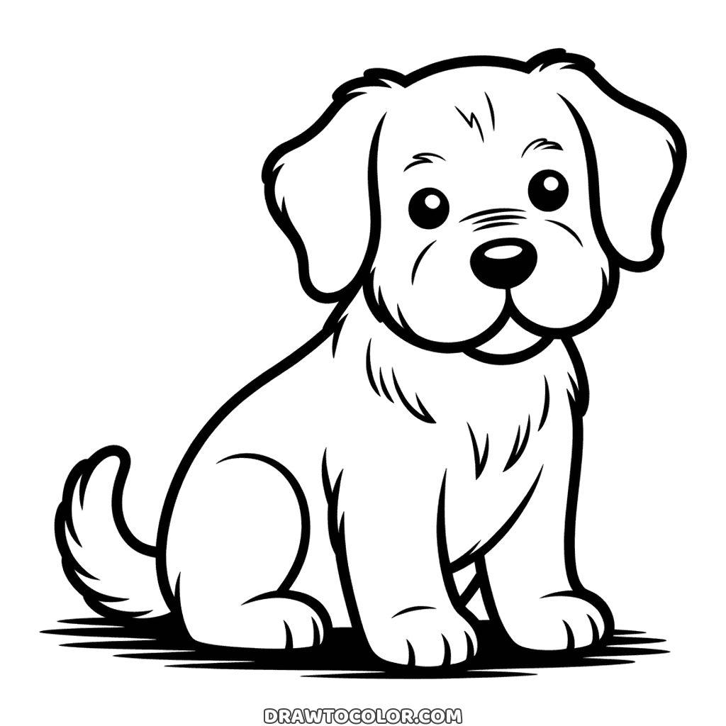 Dibujo para colorear realista: un cachorro con trazos de pelo en el pecho, las orejas y la cola