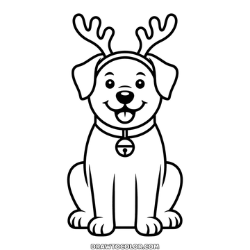 Dog in a reindeer antler headband with a jingle bell collar, a Christmas coloring page for toddlers