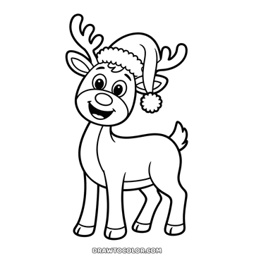 Kerstrendier om te kleuren, op slanke poten, met een kerstmuts tussen zijn gewei en een grote ronde neus