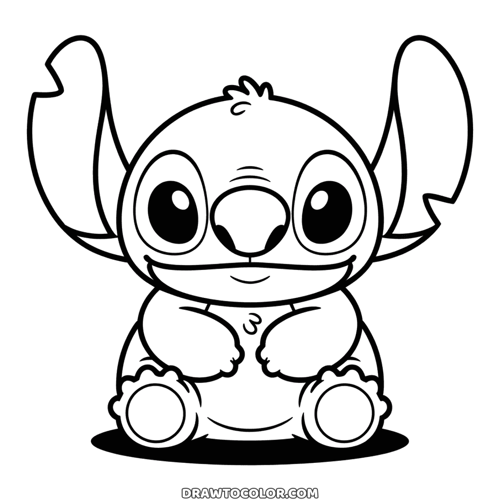 Cute and easy drawing of a round Stitch sitting like a soft plush toy, paws on his belly