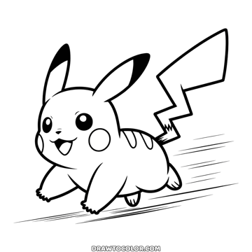 Pikachu running on all fours with speed lines behind it and its tail up, a Pokémon coloring page