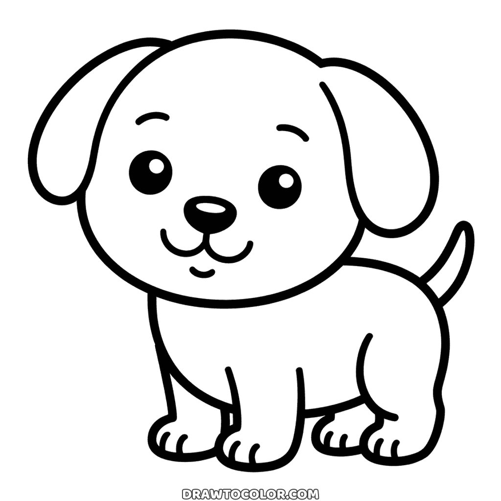 Perrito de cabeza redonda sobre cuatro patitas cortas, dibujo fácil de contorno grueso para niños pequeños