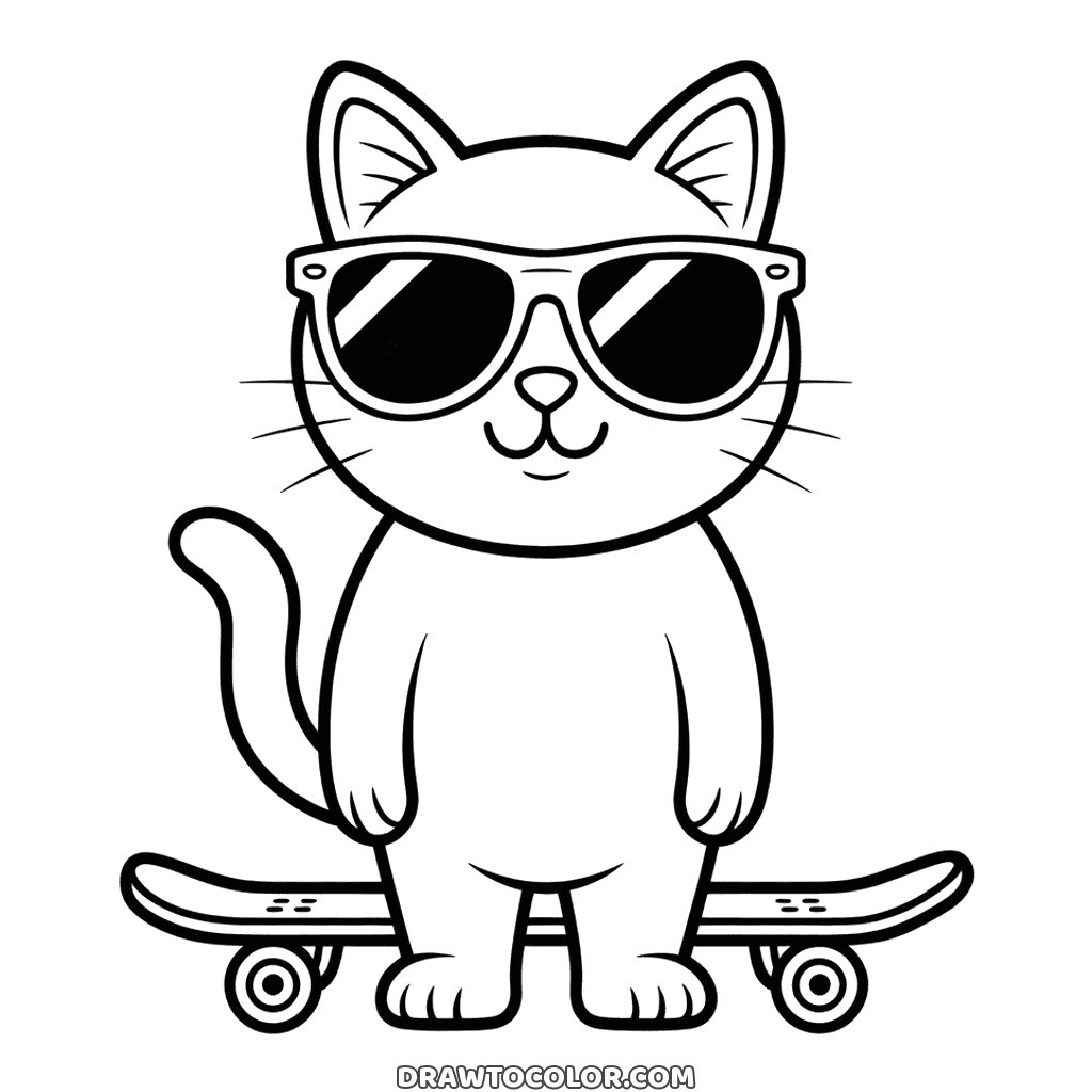 Cool cat in dark sunglasses standing on a skateboard, a printable coloring page for kids
