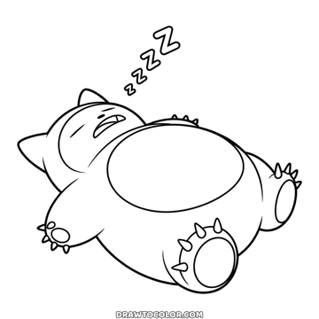 Sleeping Snorlax lying on its back with its mouth open and Z's above it, a big easy Pokémon to color