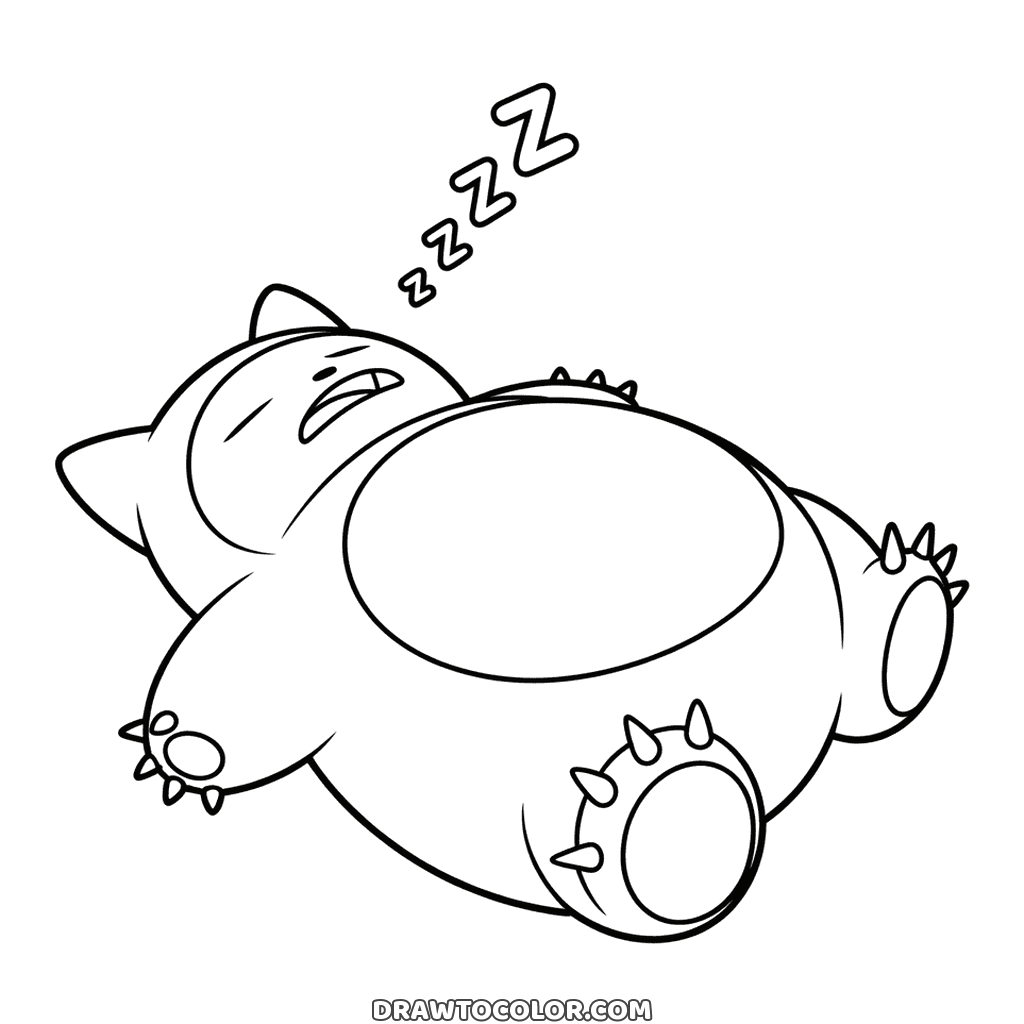 Ronflex endormi sur le dos, la bouche ouverte et des Z au-dessus de lui : un grand Pokémon facile à colorier