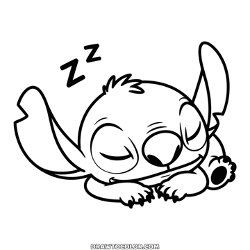 Sleeping Stitch curled up on his tummy with his eyes closed, an easy coloring page with three Zs