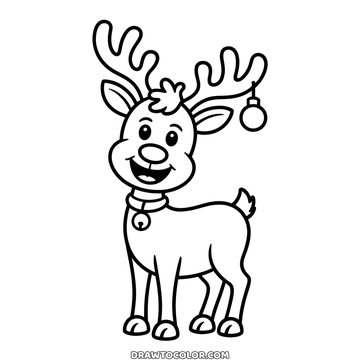 Christmas reindeer to color, grinning, with a bell collar and a bauble dangling from one antler
