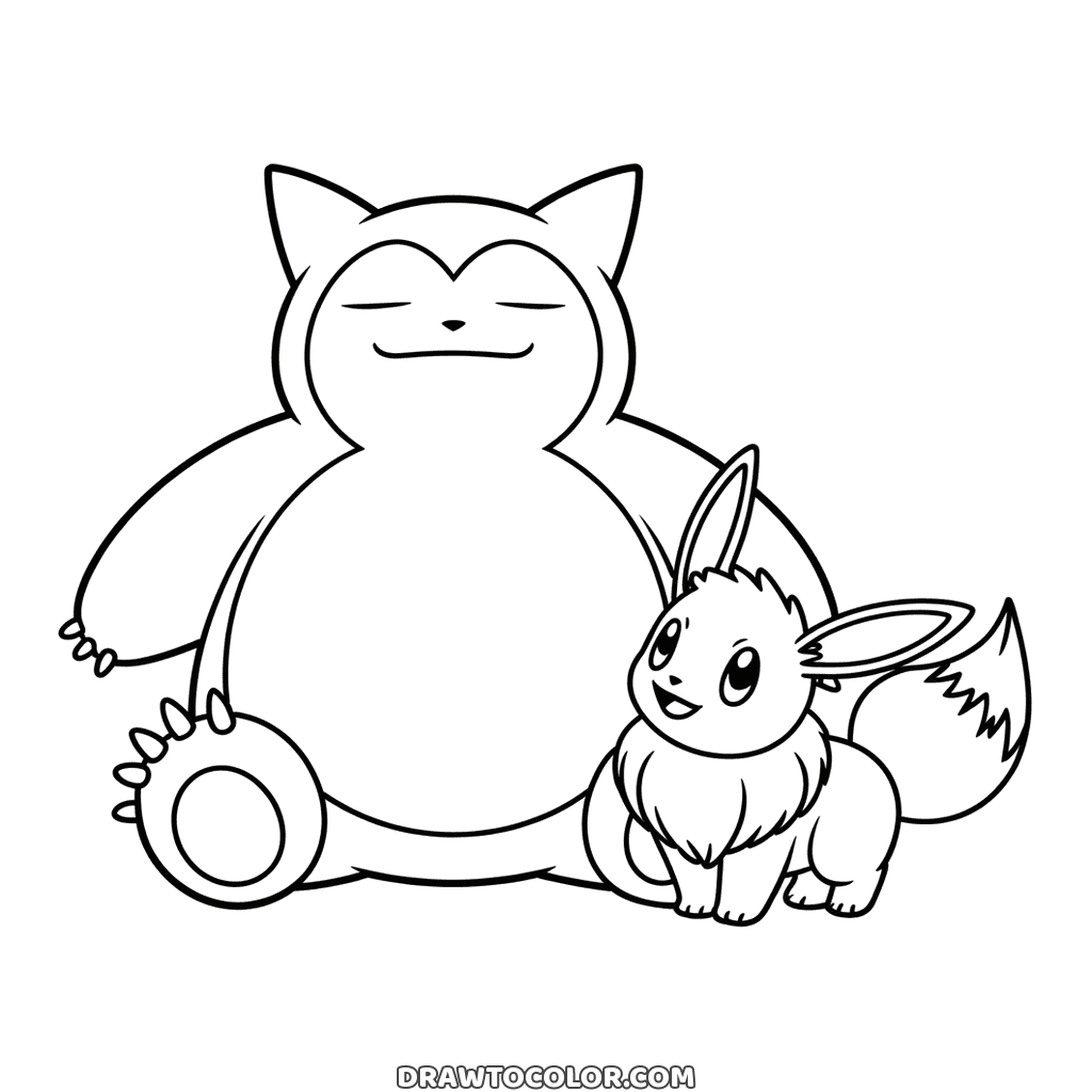 Snorlax Pokémon sitting with closed eyes and little Eevee standing beside it, two friends to color
