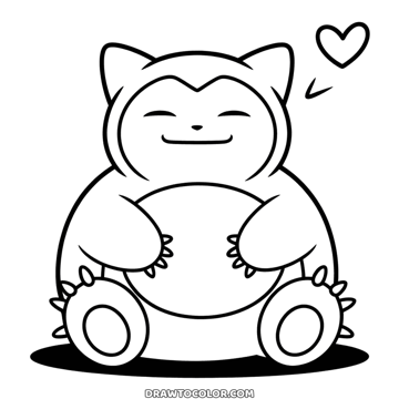 Happy Snorlax Pokémon sitting with closed eyes, a big smile and paws on its belly, a heart beside it, to color