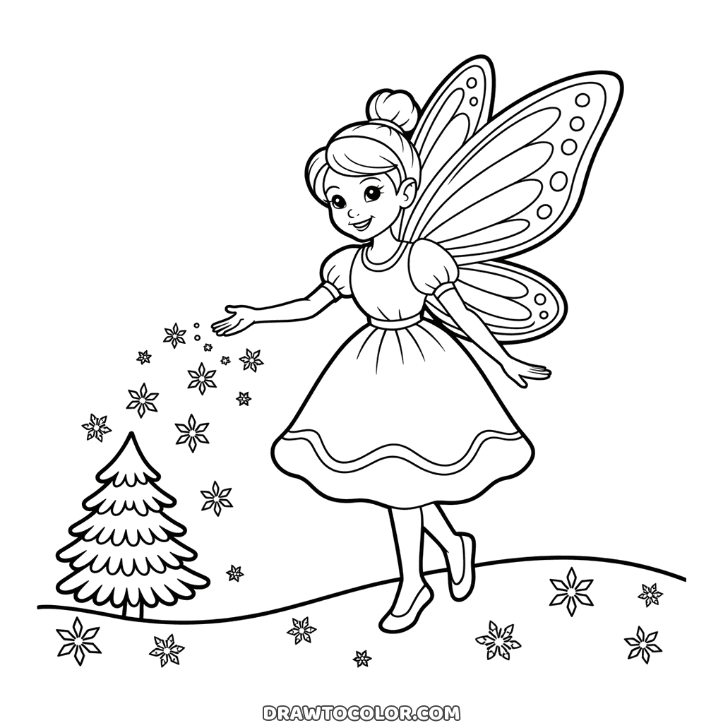 Hada del invierno con alas de mariposa que esparce copos de nieve, un dibujo bonito para imprimir