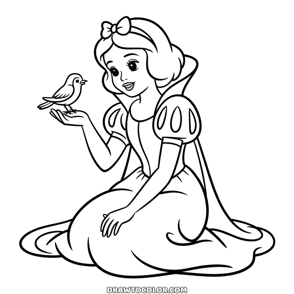 To color, Snow White kneeling in her full skirt while a little songbird perches on her open palm