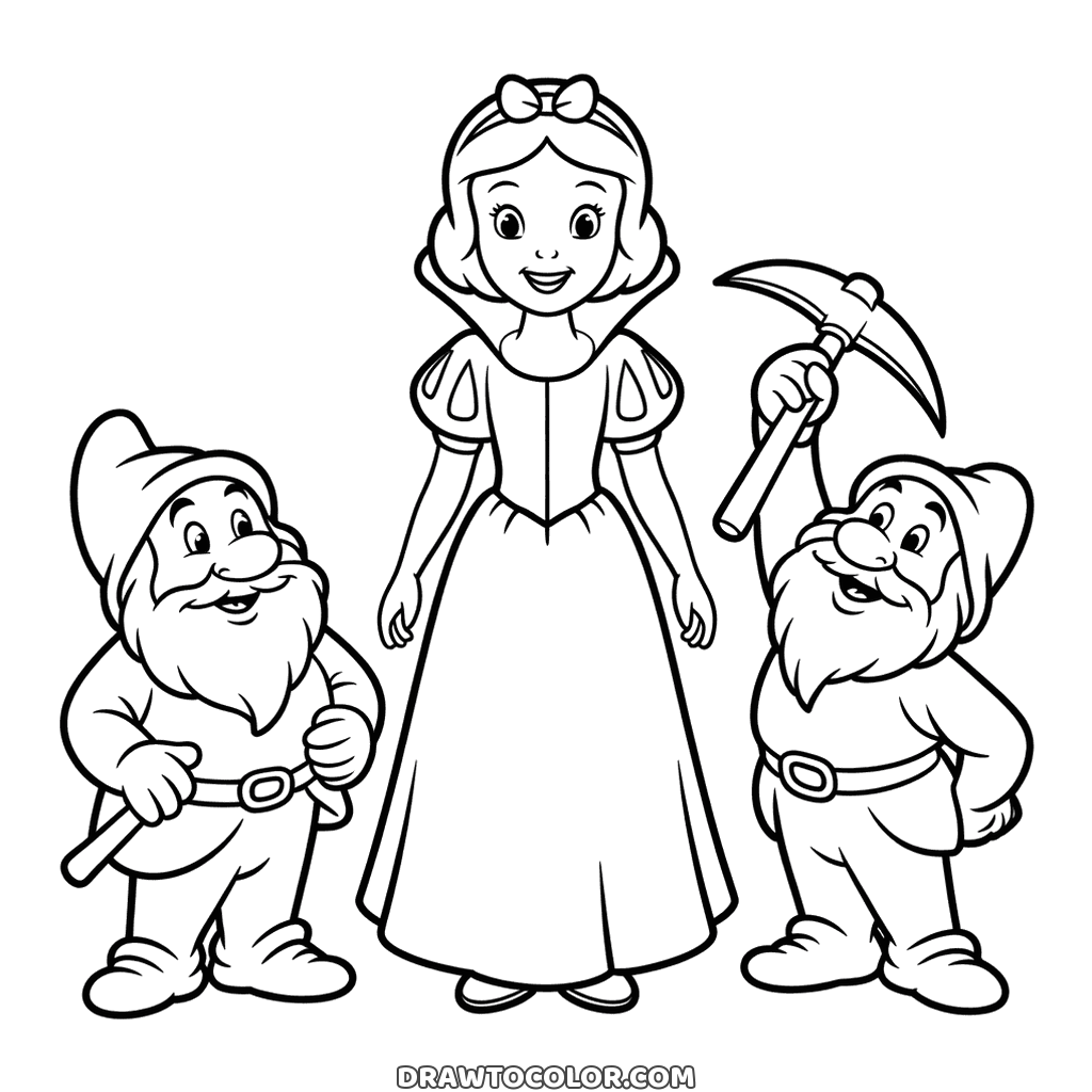 Snow White coloring sheet with two bearded dwarfs in pointed caps beside her, each carrying a pickaxe