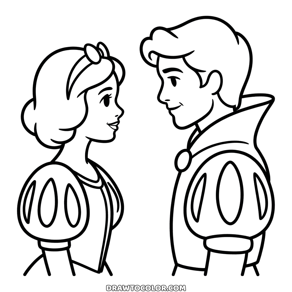 Face to face with her prince, Snow White in a printable portrait of the pair in big puffed sleeves