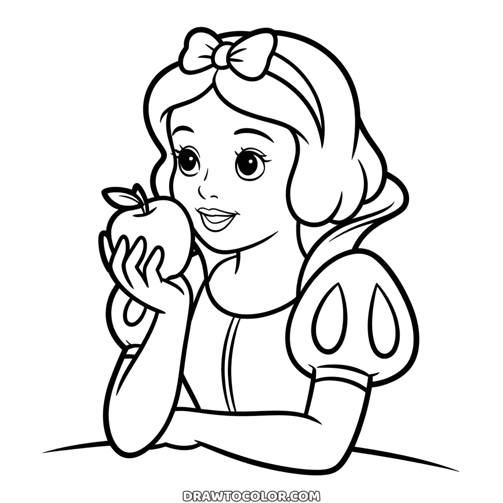 Snow White lifting an apple to her lips, an easy coloring page with her hair bow and puffed sleeve