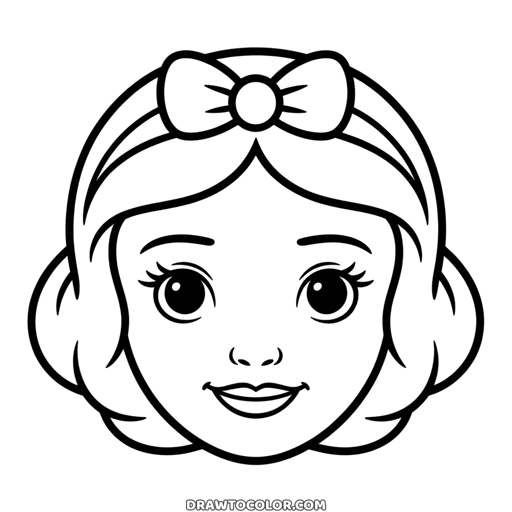 Easy drawing of Snow White's face, framed by short curls and a hair bow with a round knot