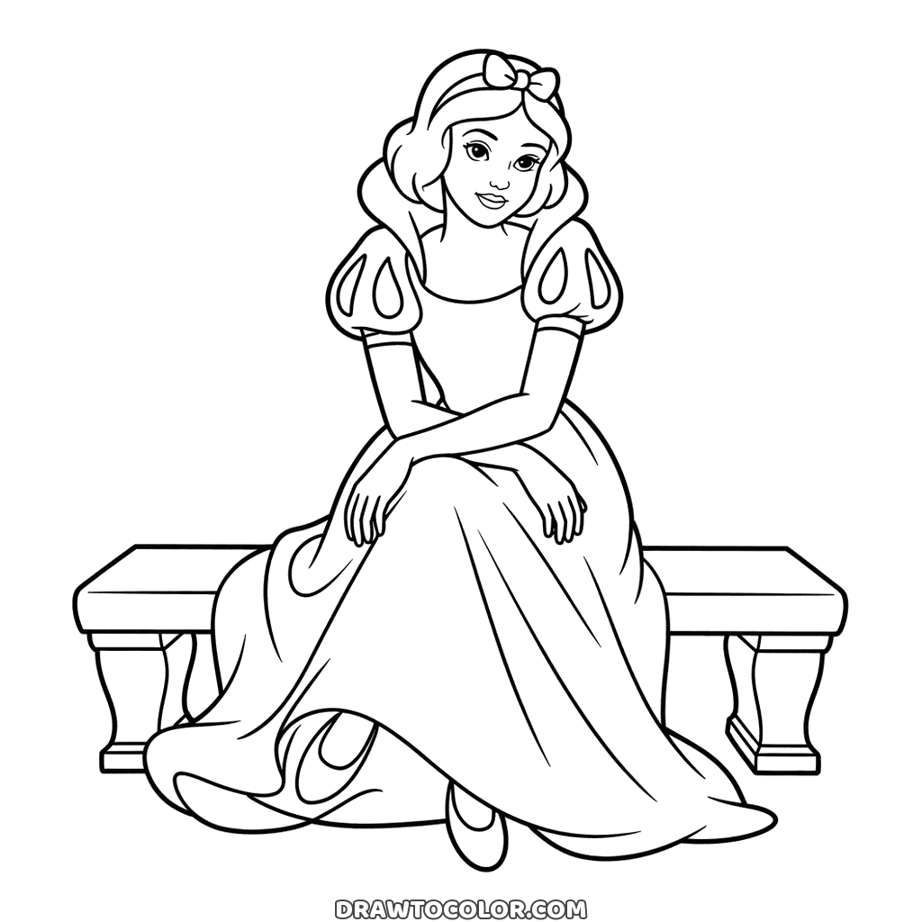 Princess Snow White resting on a stone bench, hands crossed on her knee, a calm drawing to color