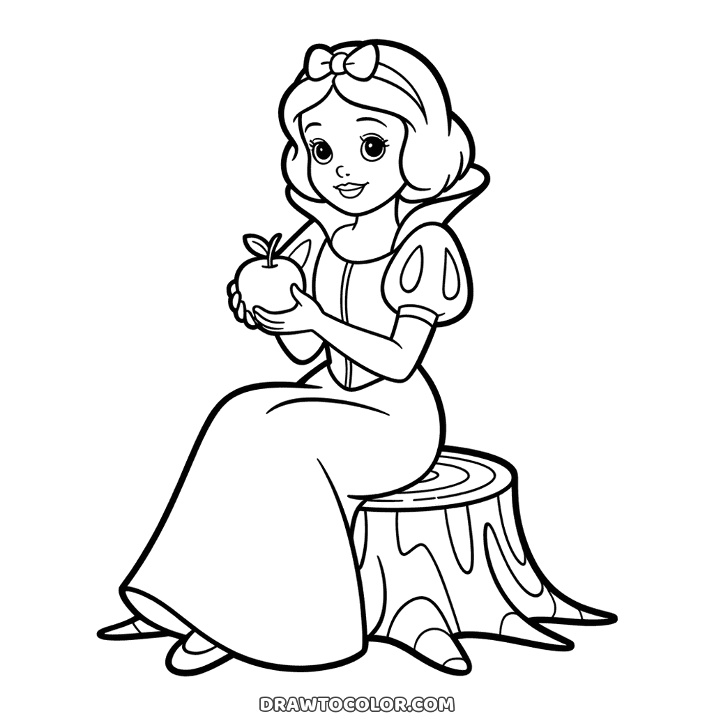 Printable Snow White sitting on a tree stump with a bow in her hair and an apple cupped in her hands