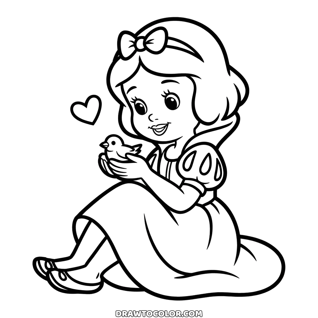 Young Snow White sitting with a tiny bird in her cupped hands and a heart beside her, an easy drawing