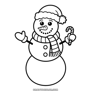 Snowman in a Santa hat waving and holding a candy cane, Christmas coloring with a striped scarf