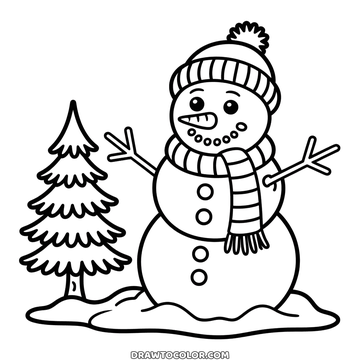 Para colorear en invierno: muñeco de nieve con brazos de ramas, cuatro botones y bufanda larga junto a un abeto