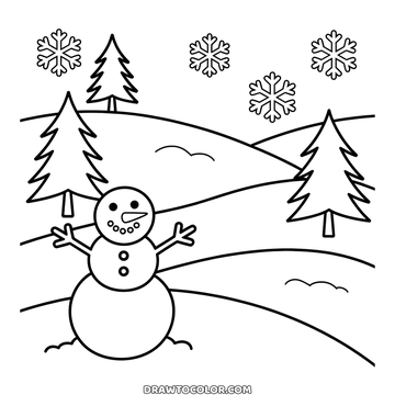 Winter landscape coloring page: rolling snowy hills, three fir trees, a waving snowman and big snowflakes