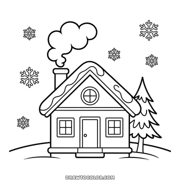 Little house with snow on the roof, a smoking chimney and a round attic window, a winter scene to color