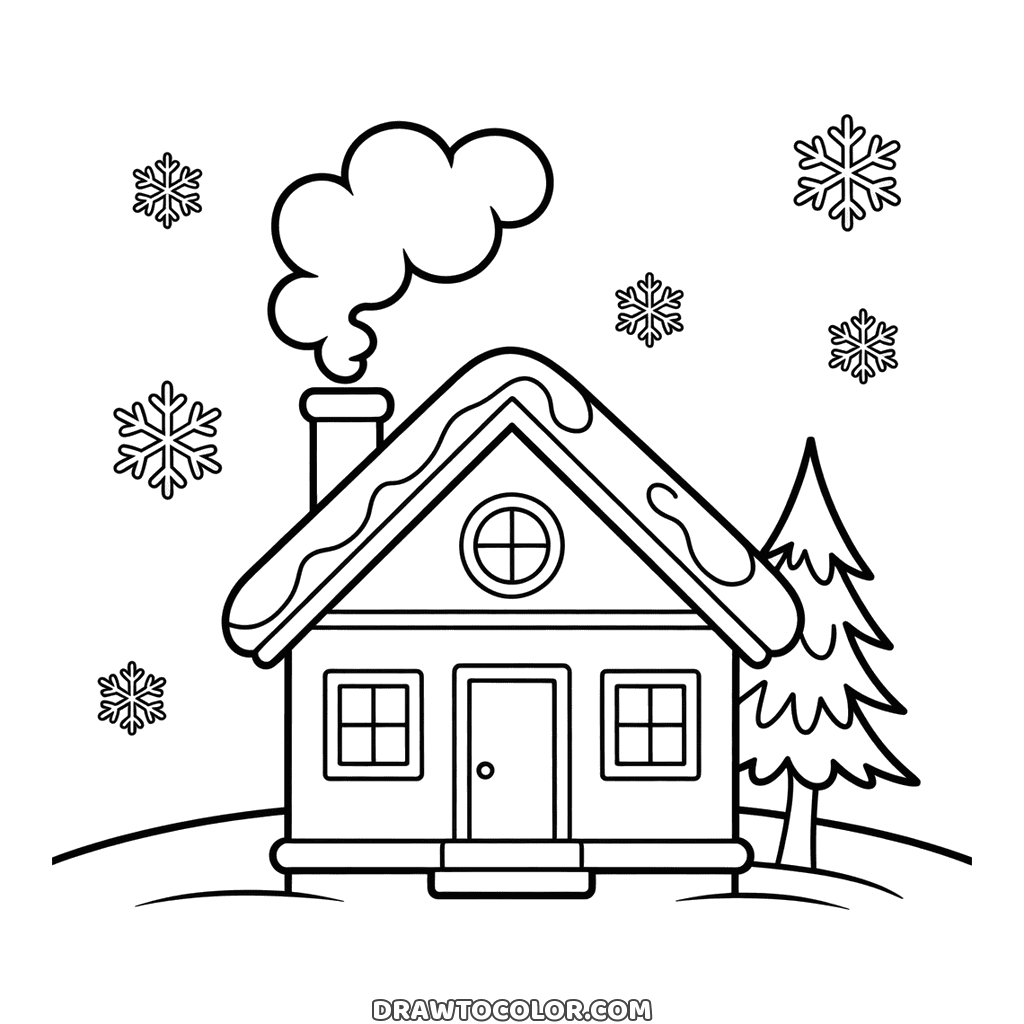 Little house with snow on the roof, a smoking chimney and a round attic window, a winter scene to color