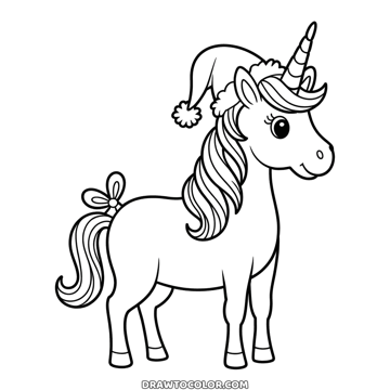 Christmas unicorn coloring page, a unicorn standing in a Santa hat with a flowing mane and a bow on its tail