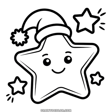 Easy star coloring page for Christmas: a big smiling star in a Santa hat among three small stars